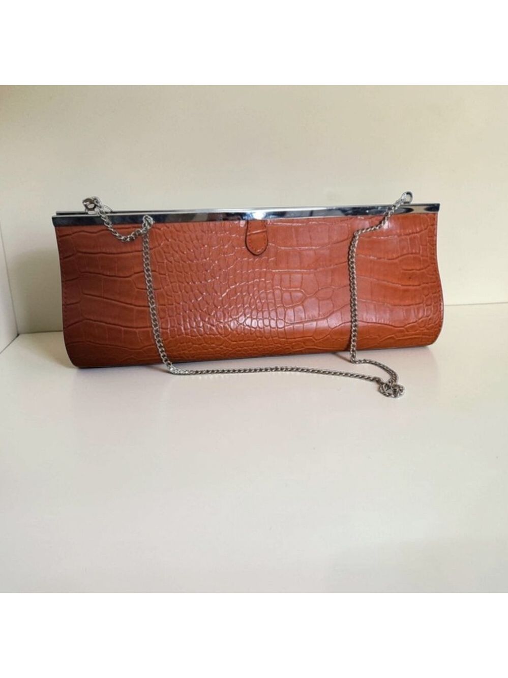 Giovane Croc Embossed Chain Strap Clutch Bag Brown Silver NWT